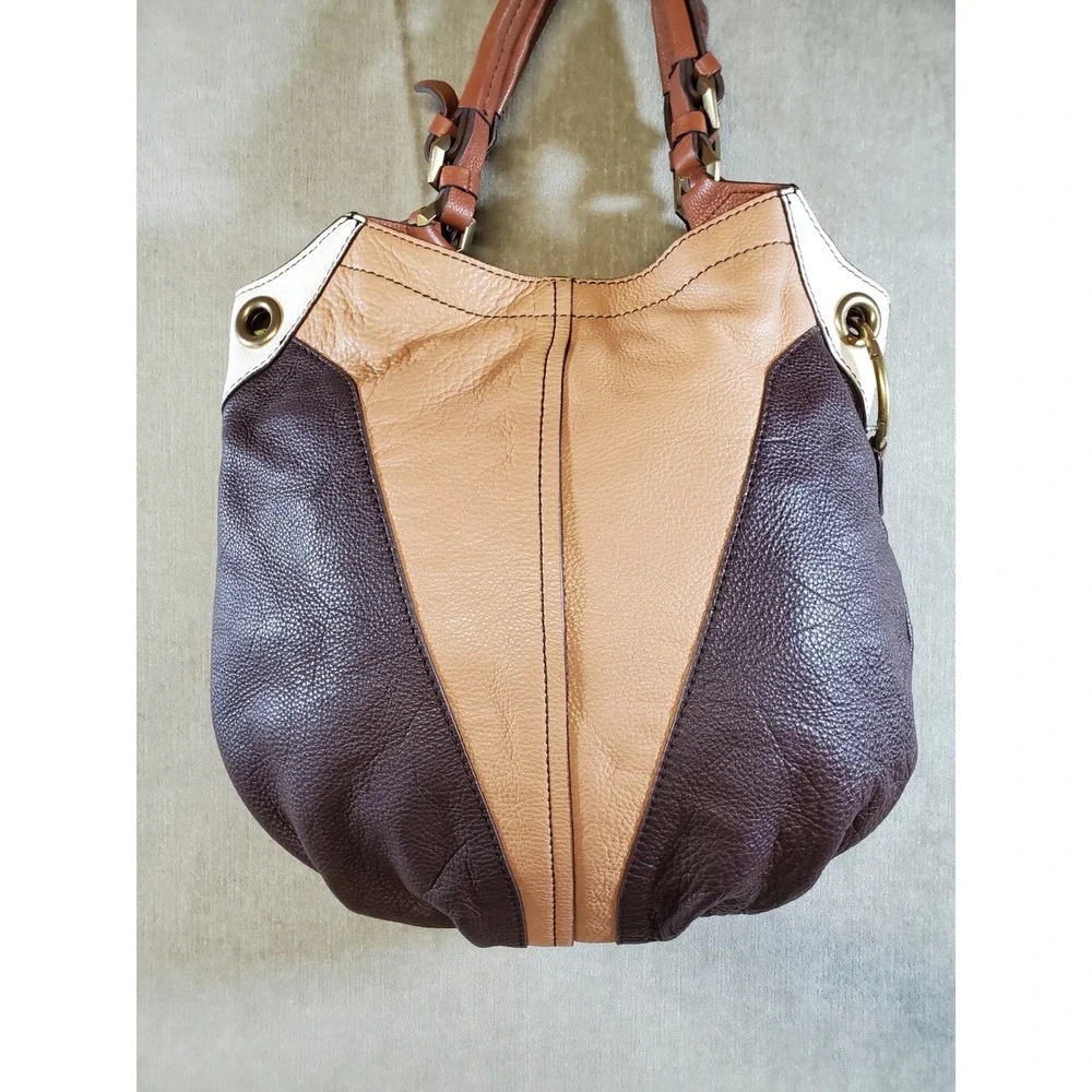 Oryany Brown Tan Leather Hobo Bag Tri-Color Blocked Shoulder Tote Gold Hardware